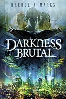 Darkness Brutal book cover, a dramatic image of three faces and a raven above a cityscape at night.